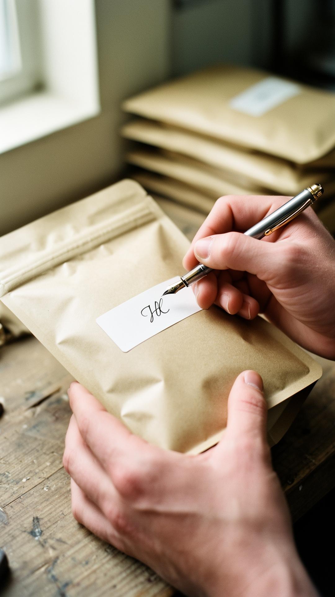 Hände beim handschriftlichen Etikettieren eines Kaffeebeutels